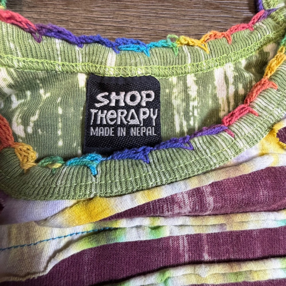 Shop Therapy Nepal Cotton Tie Dye Peace Sign Slashed Boho Tank Top Green M/L - Picture 6 of 10